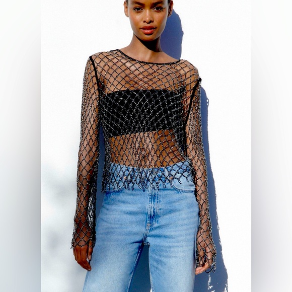 Zara Tops - Zara Rhinestone Mesh Top size M/L Black